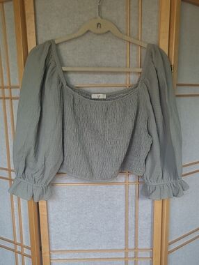 Sage Green Smocked Puff Sleeve Crop Top with Ruffle Cuffs
